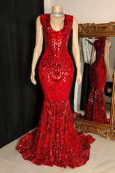 Bling Red Appliques V-Neck Sleeveless Prom Dress
